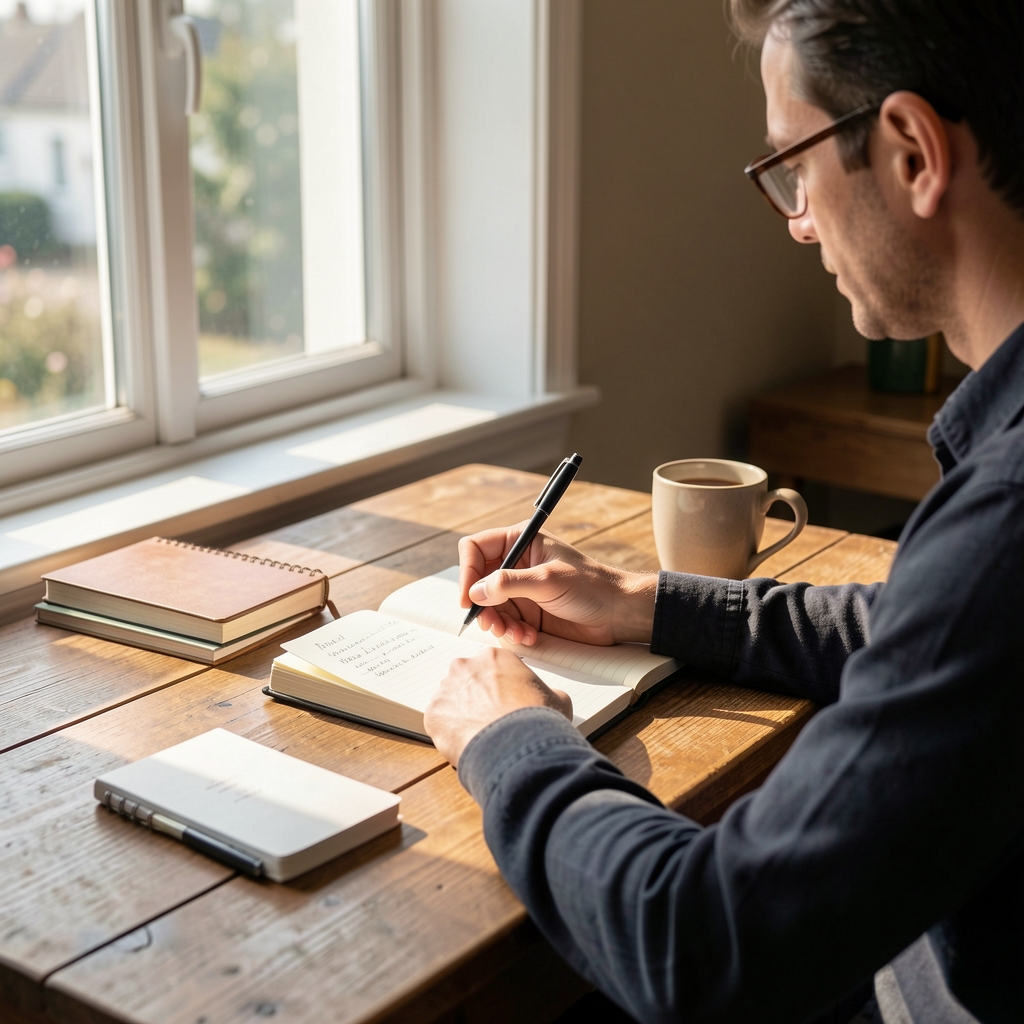 Portrait of an editorial writer at a desk in natural light, professional and composed