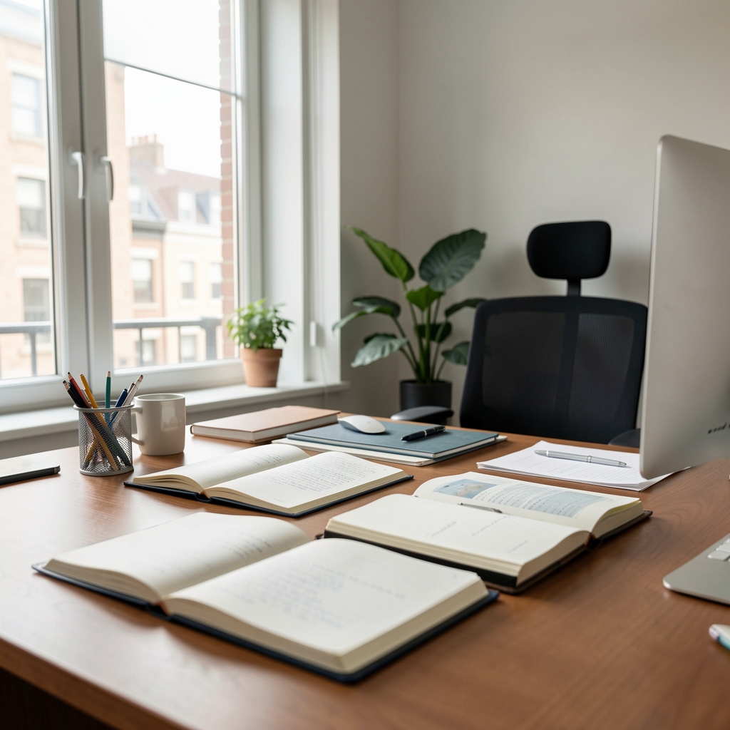 Light-filled editorial workspace with a desk, food journal open to a weekly schedule, and a cup of tea beside a wall of handwritten notes