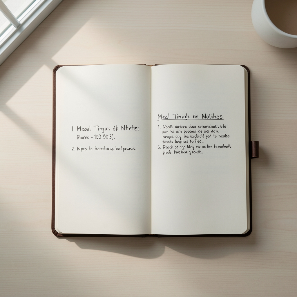 Meal timing notes written in a journal on a pale desk, daylight entering from the left, editorial overhead composition