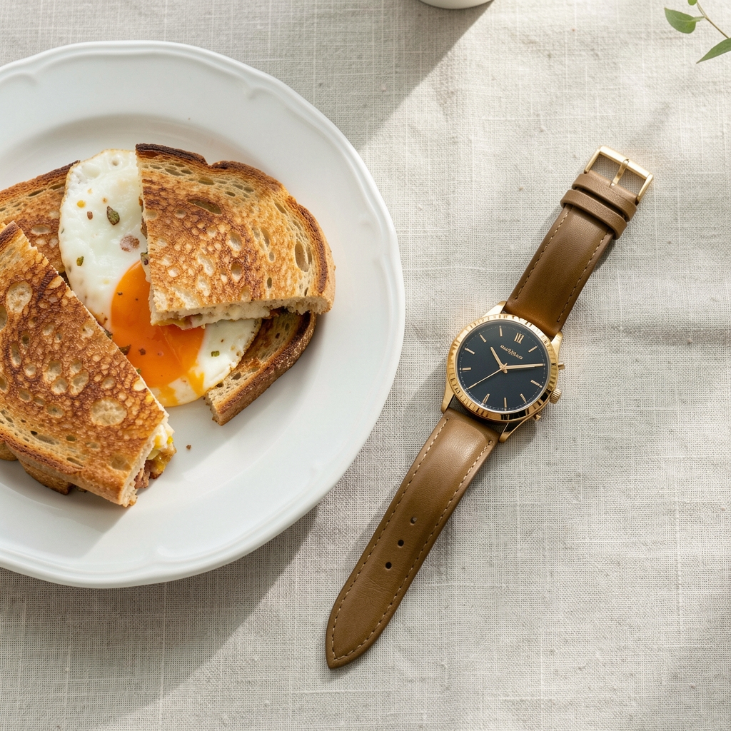 Watch placed beside a breakfast plate on a pale linen surface, minimal overhead composition, natural morning light