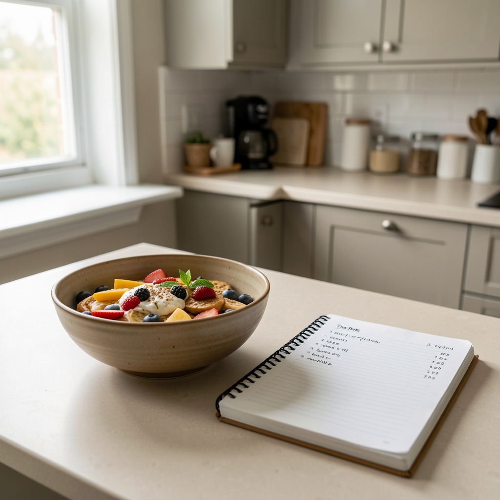 Morning kitchen scene with a breakfast bowl on a pale counter, notebook open beside it showing meal time entries, natural window light