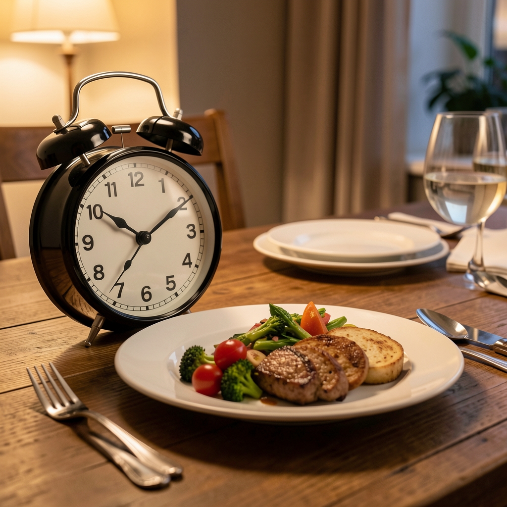 Clock showing 20:15 beside an evening meal plate on a dining table, low warm lighting, editorial still life