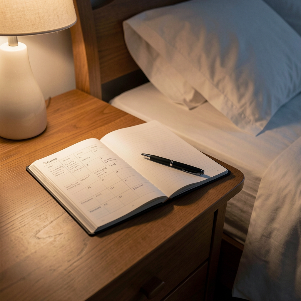 Open food and sleep diary on a bedside table, pen resting on the page, low evening light, editorial composition