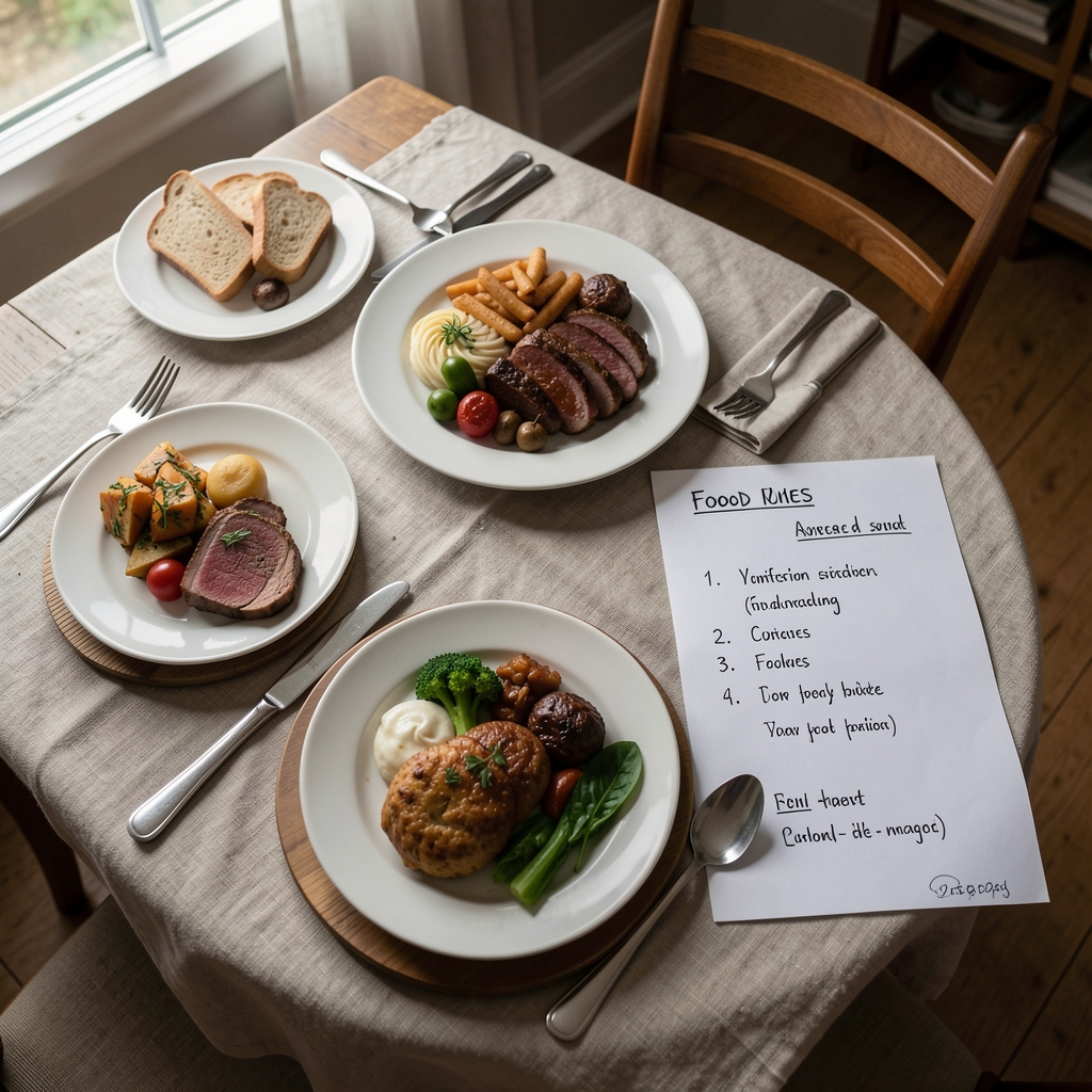 Evening meal laid out on a table in domestic setting, overhead editorial photograph showing plates and a handwritten food schedule beside them