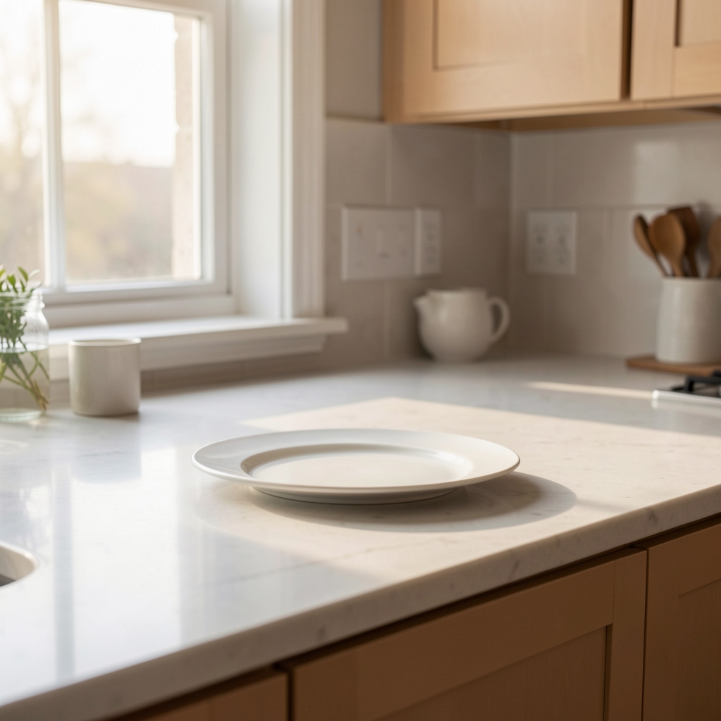 Kitchen counter in morning light with an empty surface where a breakfast plate would normally be, editorial composition