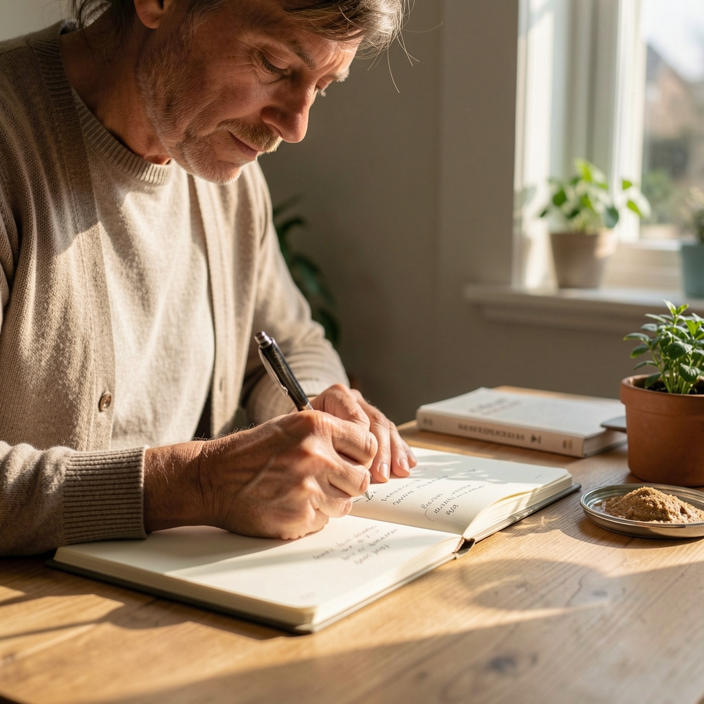 Person writing food observations in a notebook at a desk in afternoon light, documentary editorial style