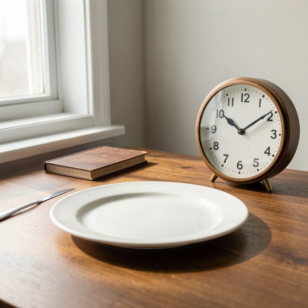 Empty plate on a wooden desk beside a wall clock at noon, natural light, representing a skipped midday meal in an observational editorial style