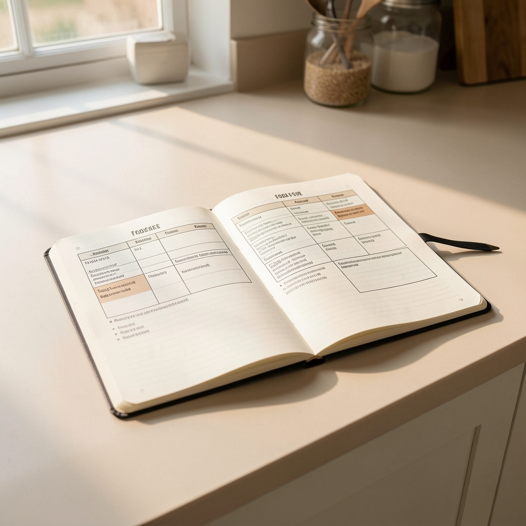 Kitchen counter in morning light with a notebook open to a food schedule page, minimal editorial composition on pale surface